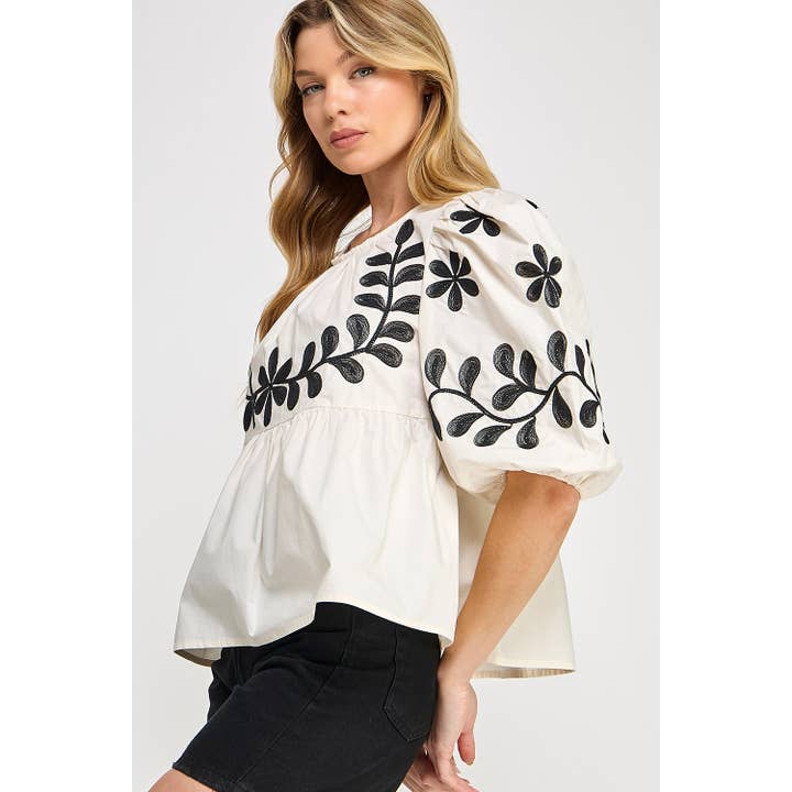 cream BOHO PUFF-SLEEVE EMBROIDERED TOP (ST7671) for wholesale on Faire