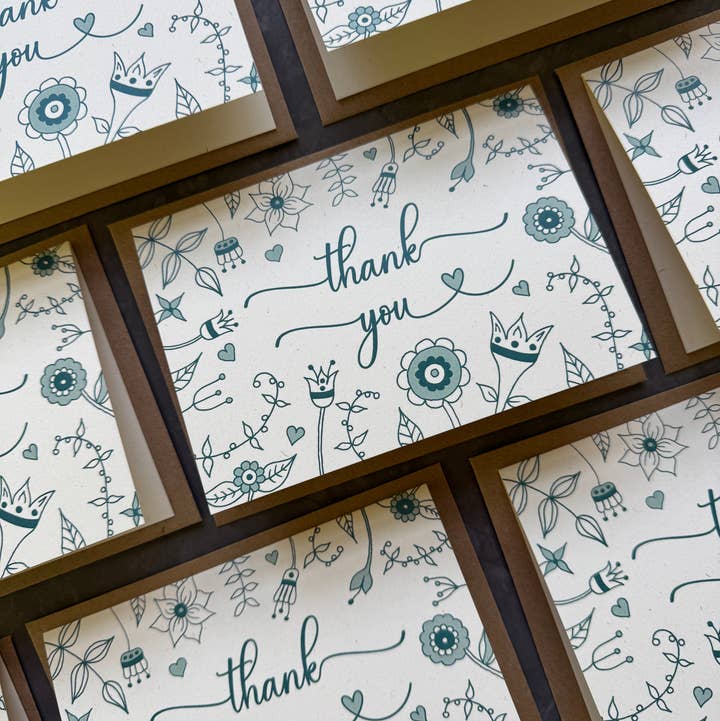 Thank You Note Card Set - Teal Floral Illustration - 8 Pack for wholesale by Tall Order