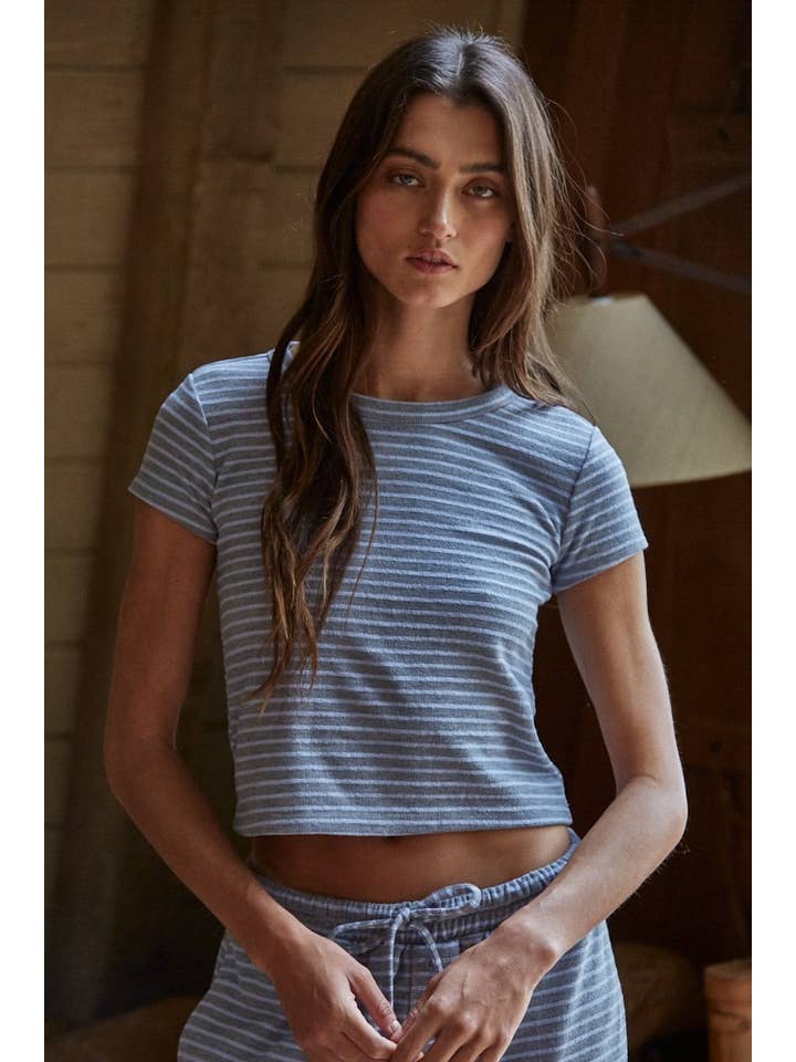 Grey Blue L8945T | Knit Polyester Cotton Striped Short Sleeve Top for wholesale on Faire