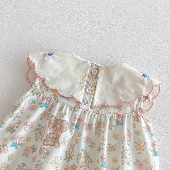 Beige Summer Arrival Baby Girls Cute Teddy and Flowers Pattern Sleeveless Onesies for wholesale on Faire