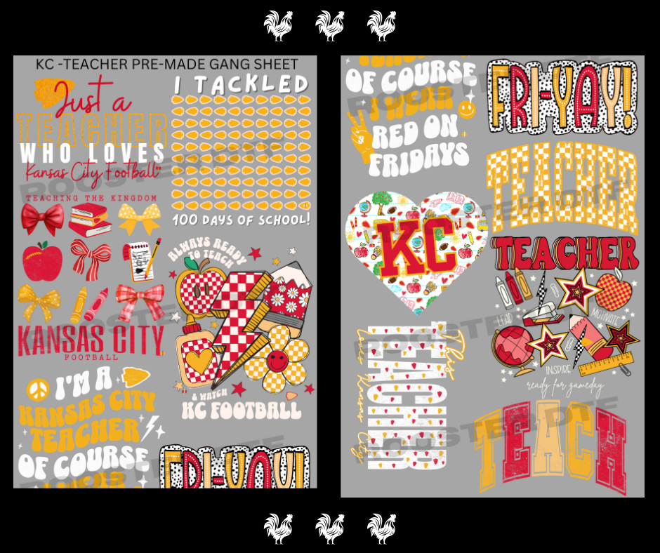 Rooster DTF Transfer Co - Wholesale Sublimation Transfer - DTF TRANSFER ONLY  - KC TEACHER PRE-MADE GANG SHEET (22x60in)1