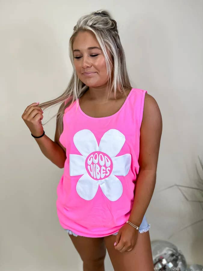 Good Vibes Flower Puff Graphic Tank for wholesale by birdie