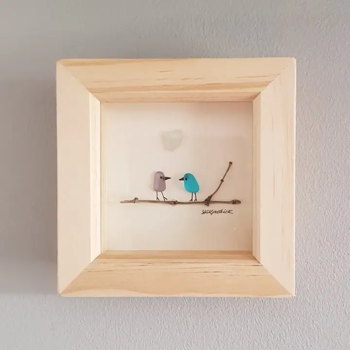 UrchinArtworks – wholesale Wall Accent – Love Birds on Branch Sea Glass Picture - Artwork1