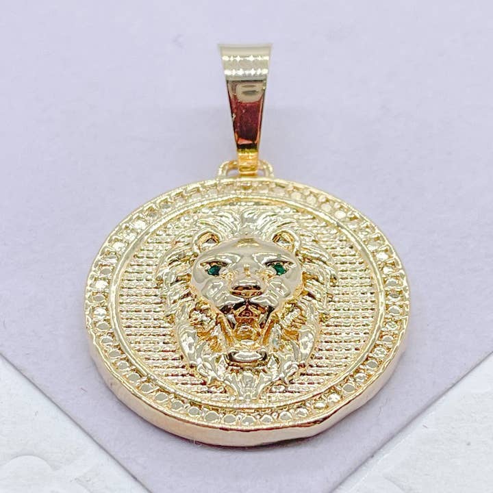 18k Gold Lion Head Medallion Pendant with Emerald Eyes for wholesale by Milie