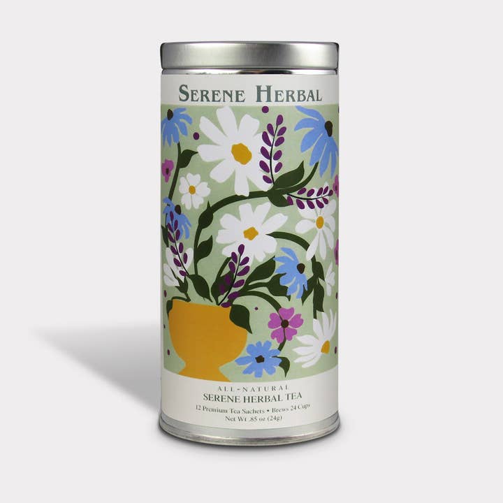Fluer Nuevo Serene Herbal Tea - 12 Tea Sachets - Tall Tin for wholesale by The Tea Can Company