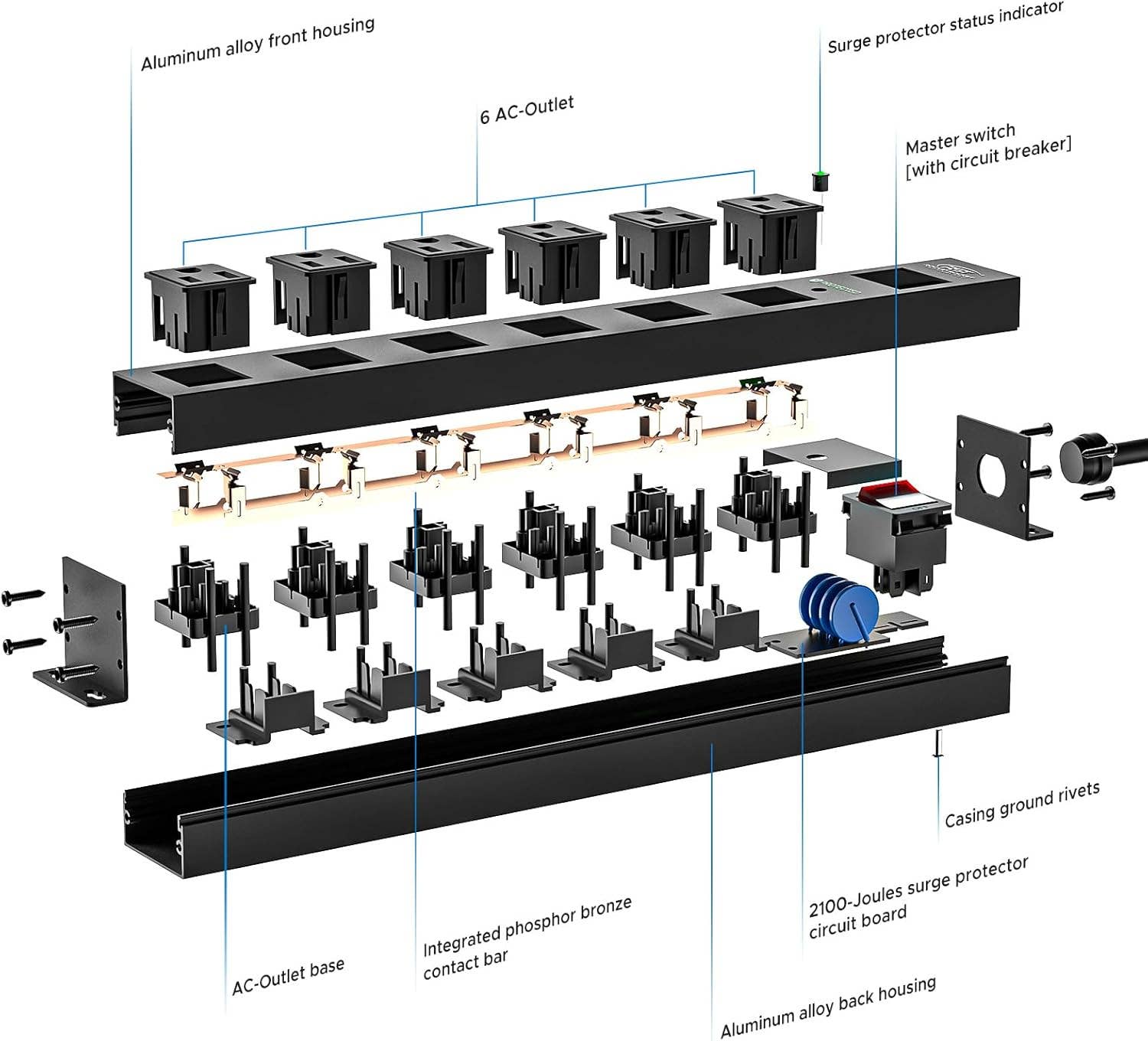 Rocket Socket Technology - Wholesale Power Adapter - CRST 2PK Wider Spaced 6 Outlet Metal Surge Protector Power Strip 2100J 15A 1875W Heavy Duty Mountable Power Bar 6FT Flat Plug Extension Cord4