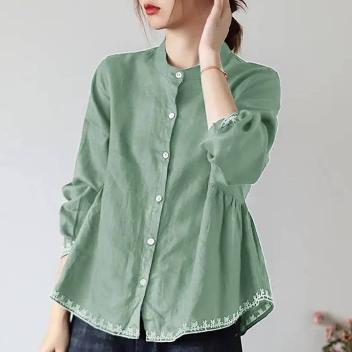UZ Wholesale Store - Wholesale Button Down Shirt - Women's - Solid Color Loose Fit Plus Size Stand Collar Shirt