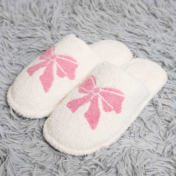 Pink Ribbon Bow Print Luxury Soft Home Slippers for wholesale on Faire
