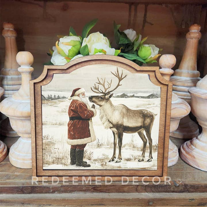 Redeemed Decor - Wholesale Decorative Tabletop Object - Provincial Santa Reindeer Neutral Framed Art