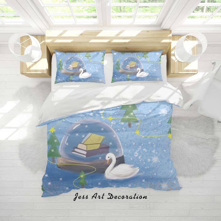 3D Cartoon Blue Pond Swan Book Quilt Cover Set Bedding Set Duvet Cover Pillowcases A585 LQH for wholesale by Jess Art Decoration