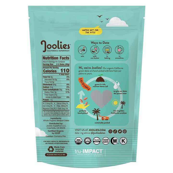 Joolies - Wholesale Dried/Dehydrated Fruit - Organic Medjool Dates- Whole 12oz Bag