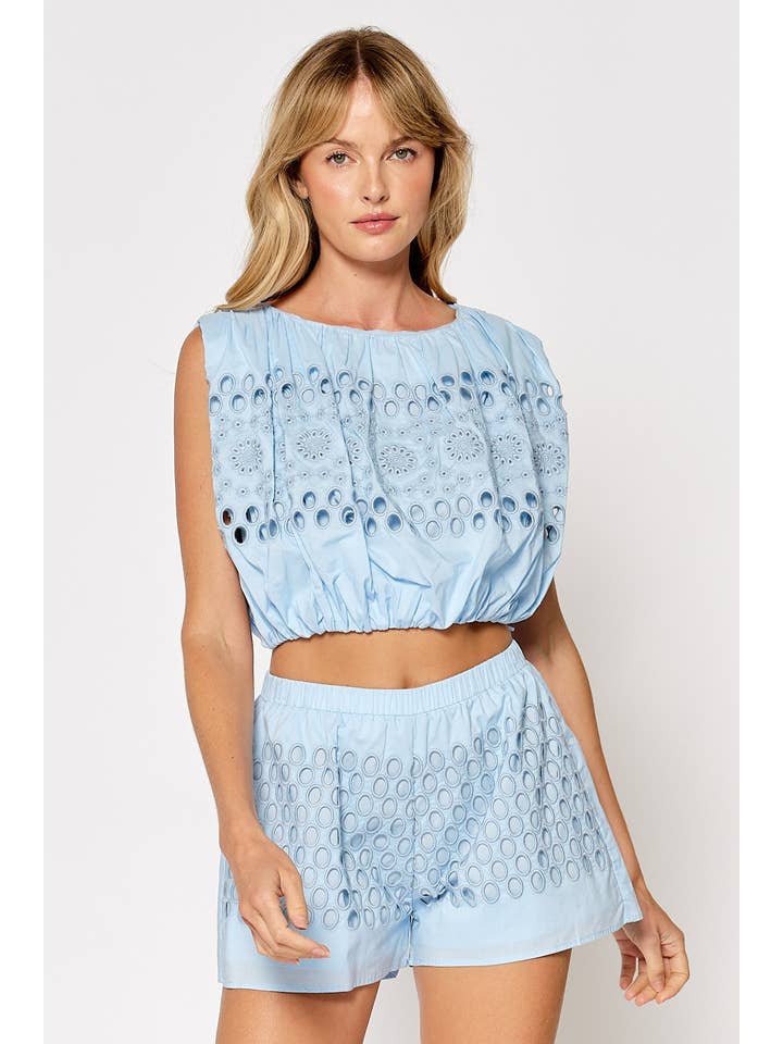 Lalavon - Wholesale Blouse - Women's - ILT4961 EMBROIDERED FLORAL EYELET ELASTIC DETAIL TOP