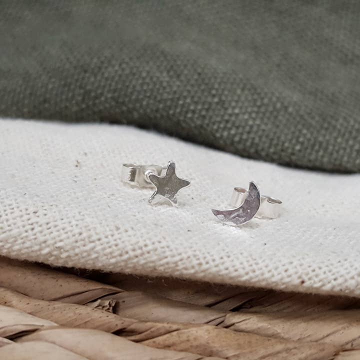 Moon & Star Silver Studs for wholesale by Anna Calvert Jewellery