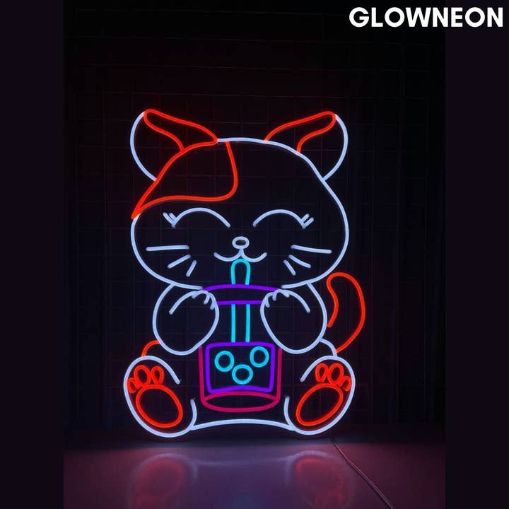 Glow Neon - Vendita all'ingrosso Insegna al neon - Insegna al neon con gatto e tè al latte, decorazione da parete a LED per negozio di tè a bolle