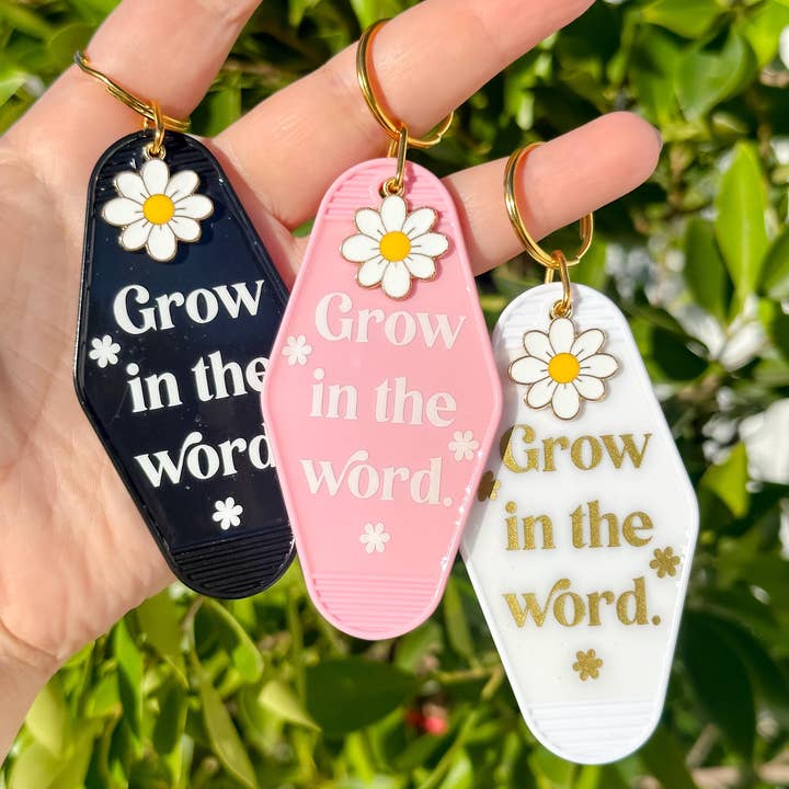 Ensemble cadeau chrétien porte-clés de motel fleur Grandir dans la Parole pour la vente par Lion + Lamb