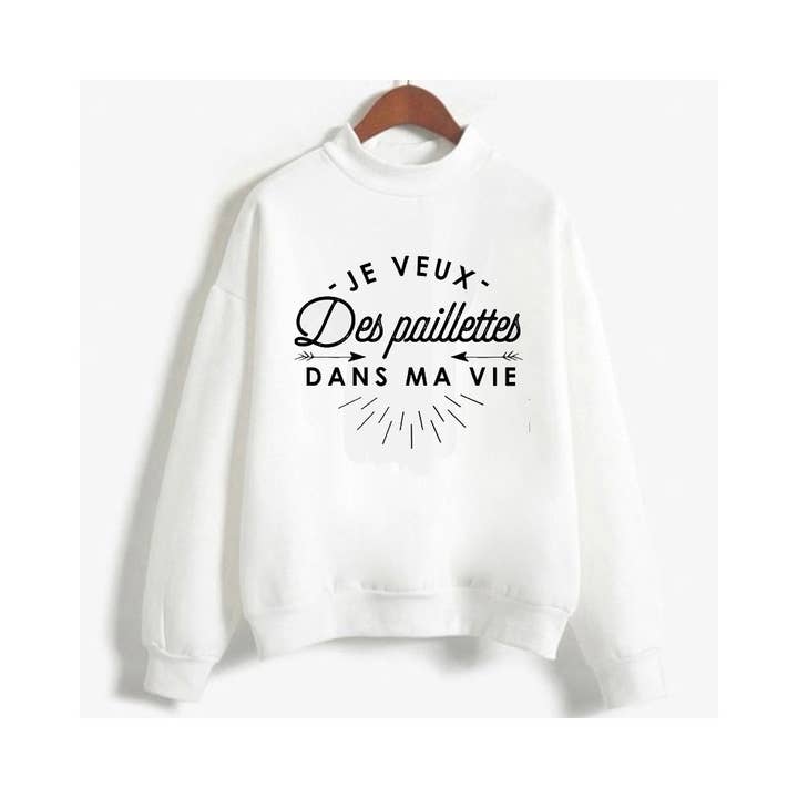 White fleece sweatshirt printed with I WANT GLITTER for wholesale by red white