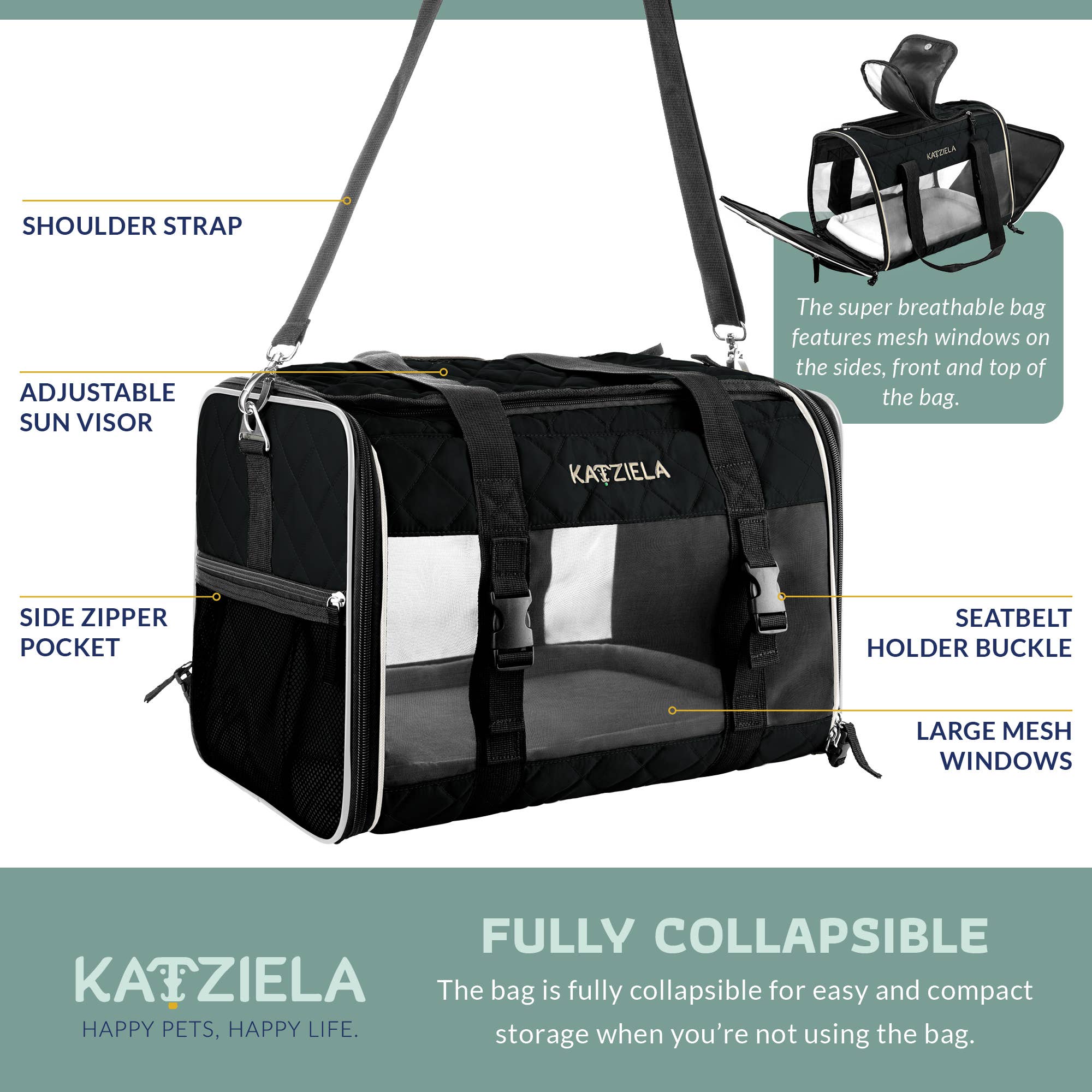 Katziela - Wholesale Pet Carrier - Cat/Dog - Airline Approved Quilited Companion Cat & Dog Carrier Black2