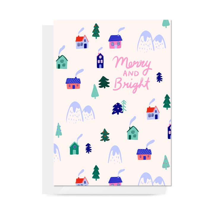 Christmas Snow Village 'Merry & Bright' Greeting Card for wholesale by Carla Ellis Creative