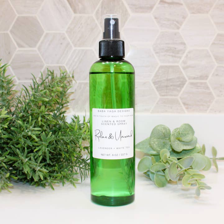 Relax & Unwind Lavender + White Tea Linen Room Spray 8 oz for wholesale by Baba Yaga Designs LLC