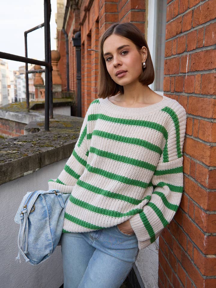 Kim- Breton Striped Sweater In Cream And Green for wholesale by Y LONDON