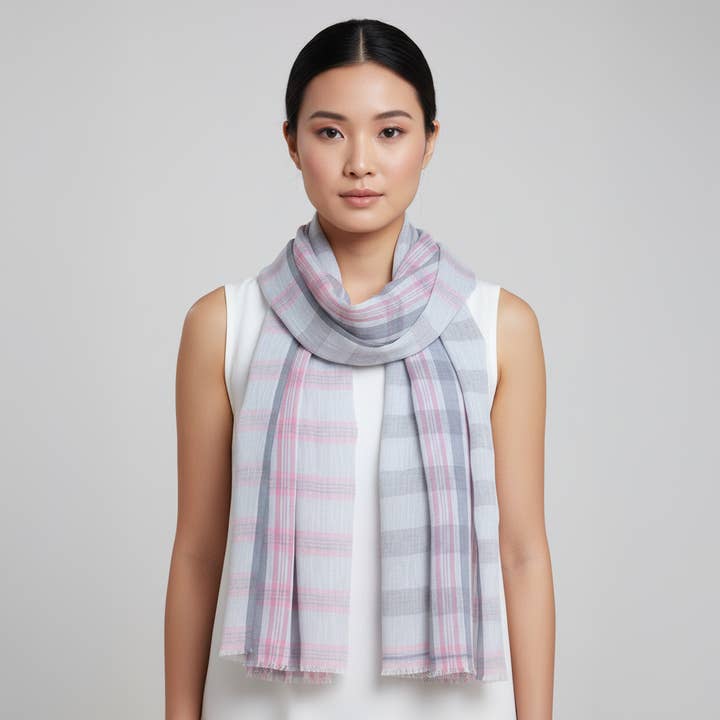 Blush Grid Handwoven Linen Scarf for wholesale by SADHU HANDMADE NATURALS