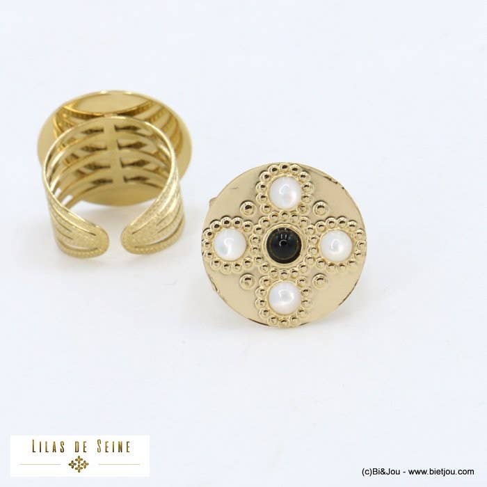 Lilas de Seine - Wholesale Cocktail/Statement Ring - Gothic stainless steel ring with mother-of-pearl cabochon 0422011