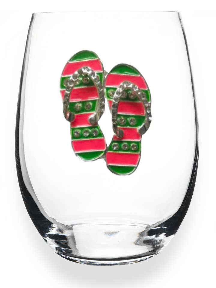 Pink and Green Flip Flop Jeweled Stemless Wine Glass for wholesale by The Queens' Jewels®