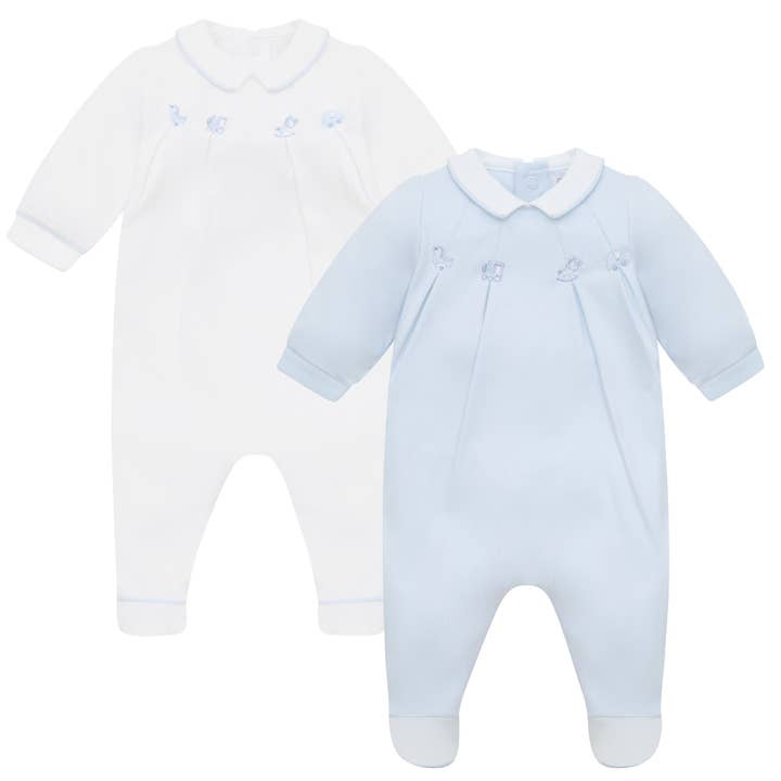 Lenny Boys Blue & White Babygrow Twin Pack for wholesale by Emile Et Rose