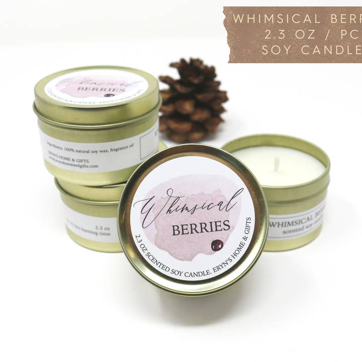 Whimsical Berries 2.3 oz Hand Poured Soy Candle in a Gold Ti for wholesale by The Little Charm Box