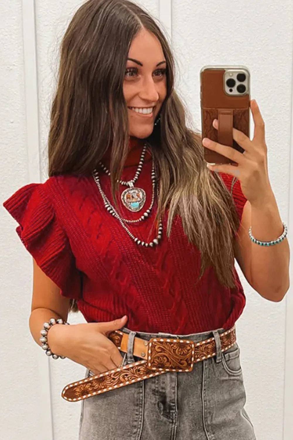 Suhkasana – wholesale Knitted jumper – Women′s – Western Cable Knit Turtleneck Ruffle Sleeve Sweater Top5