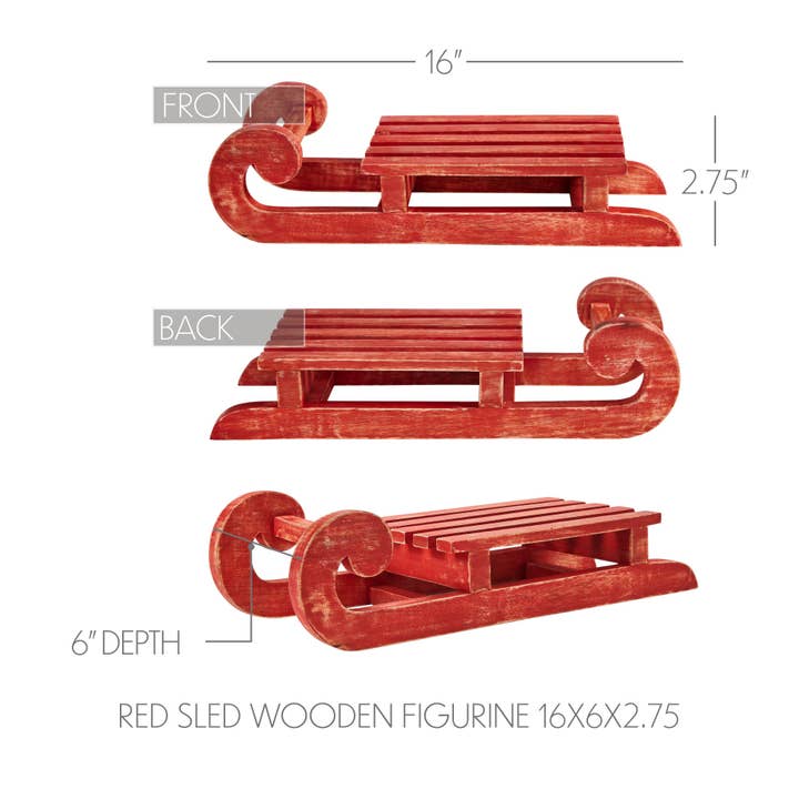 VHC Brands - Wholesale Decorative Tabletop Object - Red Sled Wooden Figurine 16x6x2.75