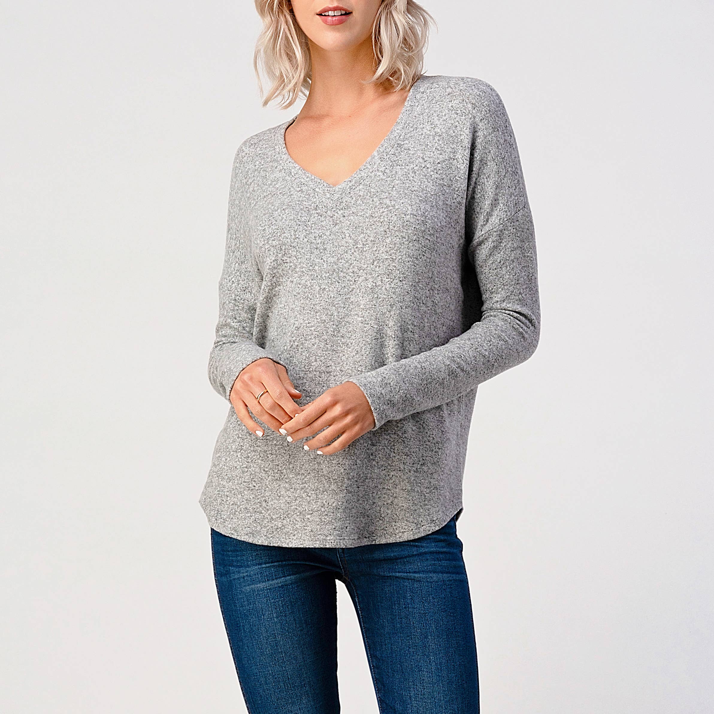 Heimious - Wholesale Knit Top - Women's - Long Sleeve V-neck Brushed Knit Top, 273831