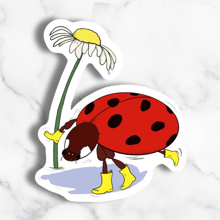 Autocollant Coccinelle avec Bottes de Pluie sous la Pluie pour la vente par The Watermark Design
