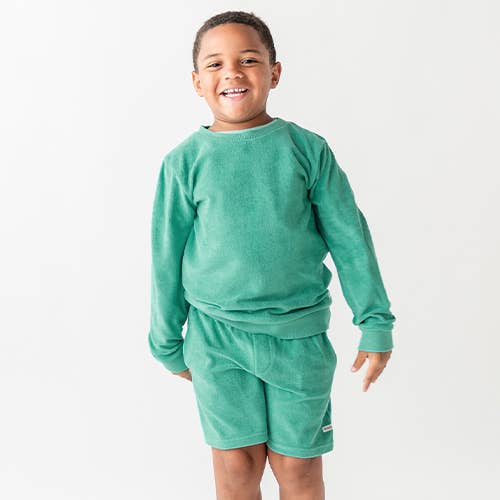 Blue Boys Ocean Teal Terry Knit Crew Neck Sweatshirt for wholesale on Faire