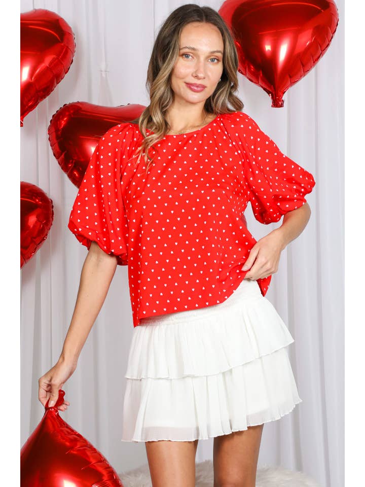 Rood Boothals Pofmouw Hartjesprint Blouse Top VT82337H voor groothandel op Faire2
