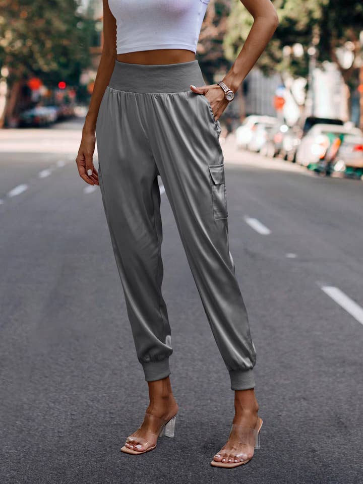 eLook - Wholesale Lounge Sweatpants/Joggers - Women's - SZ1-P0012 Satin Cargo Jogger with Ribbed Waist27
