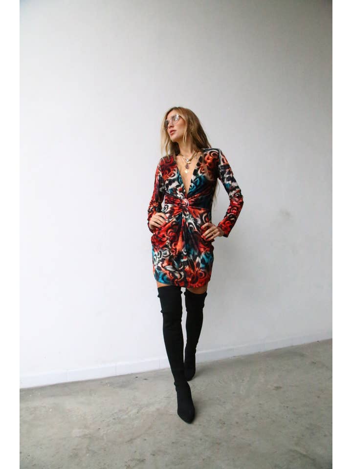 A6077 SHORT DRESS WITH KNOT RED PEACOCK CHENILLE for wholesale on Faire4