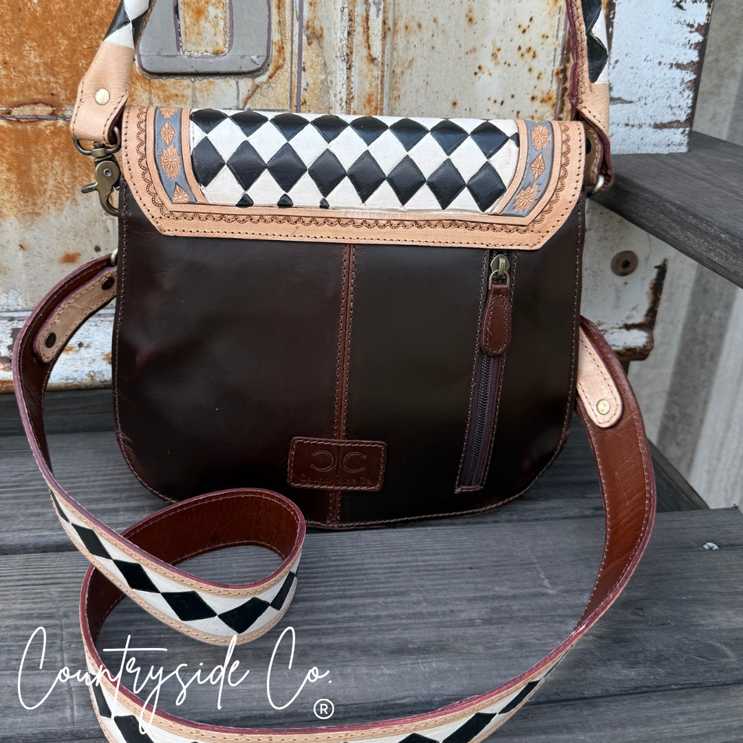 Texas Western Cowhide Bags and More - Wholesale Shoulder Bag - Women's - Zadie Tooled Leather Checkered Handbag, Hand Painted2