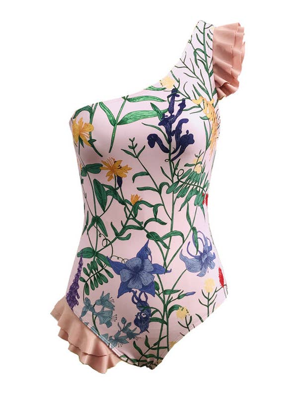Single Ruffle Shoulder Flower Print One-piece Swimsuit for wholesale by Sweetkama