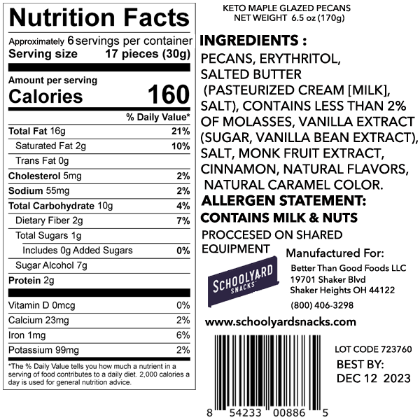 Better Than Good Foods - Wholesale Nuts - SYS Keto Maple Candied Pecans 6.0 oz6