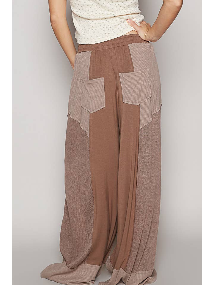 Pol Clothing - Wholesale Pants - Women's - Elastic waistband color block solid knit pants