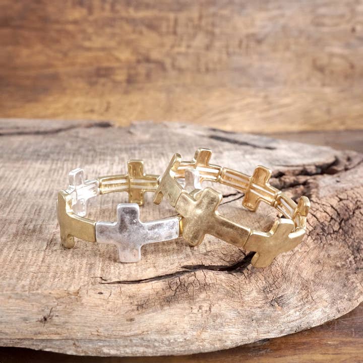PennyLine inc - Wholesale Bangle Bracelet - Hammered Sideways Cross Bracelet in Worn Silver Gold Tone Boho Style
