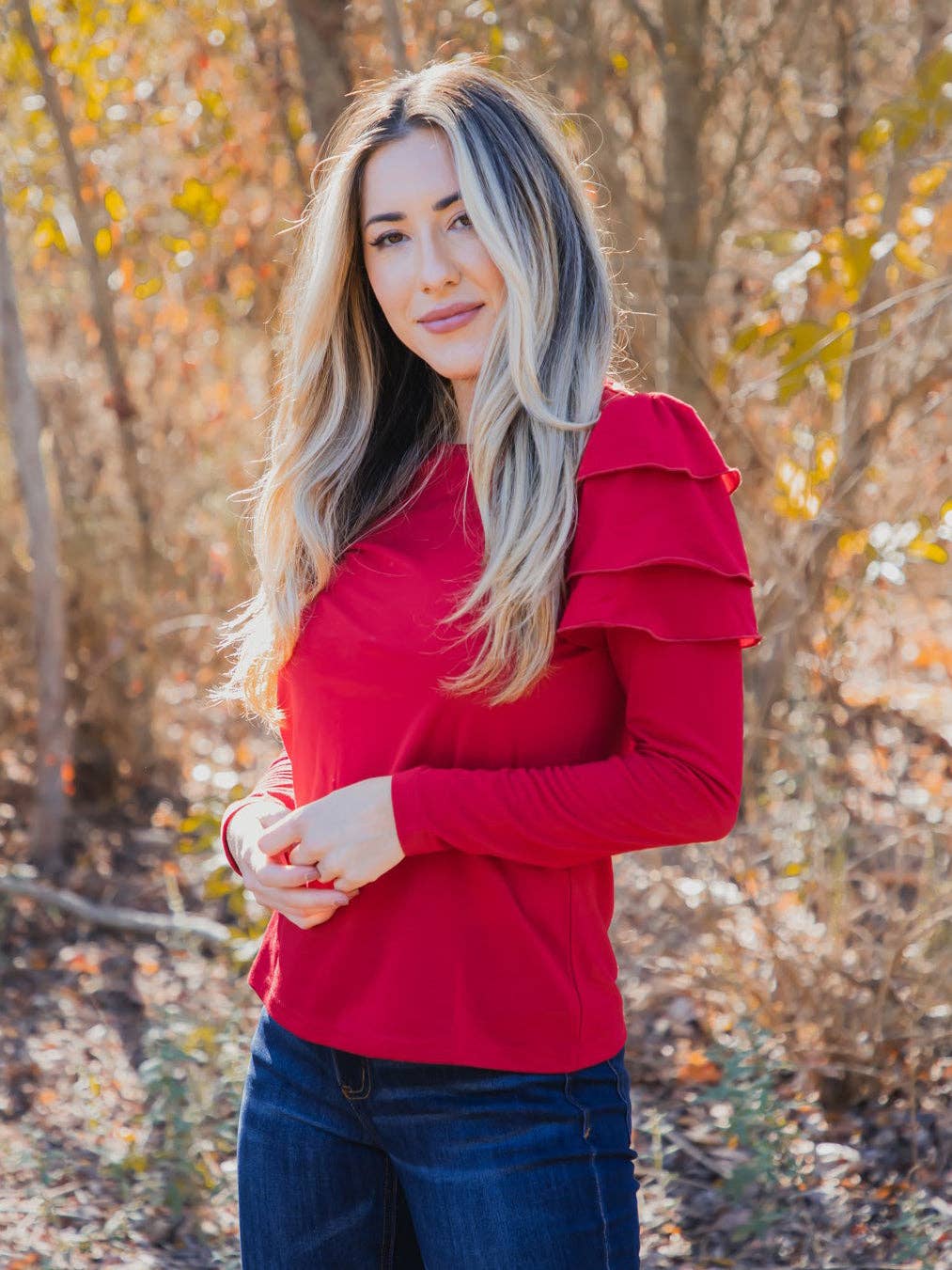 Tickled Teal - Wholesale Blouse - Women's - Aida Ruffle Long Sleeve Top3