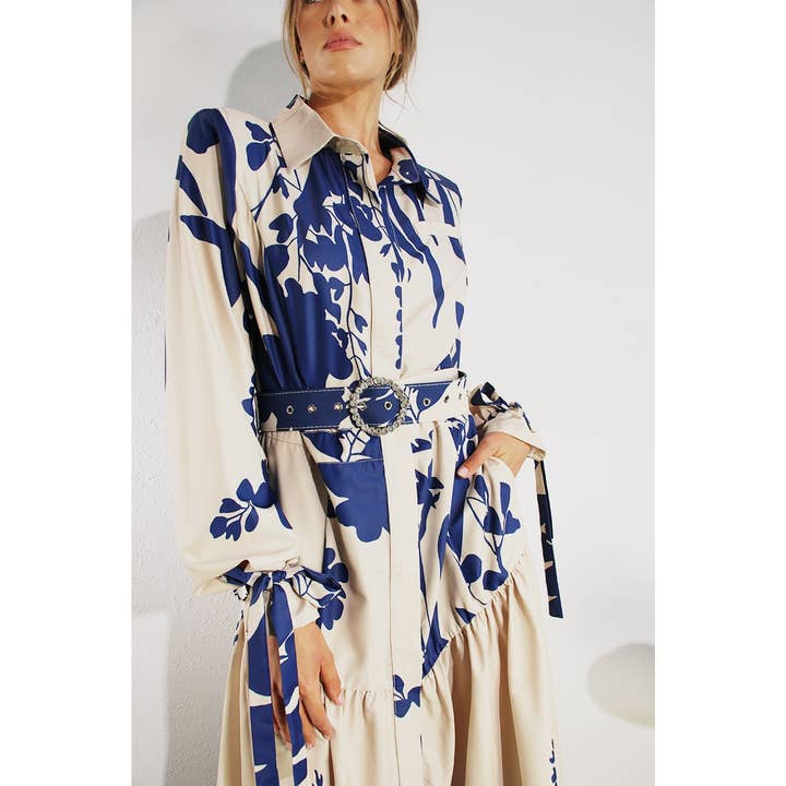 BLUE MULTI PRINT UNEVEN BELTED LONG DRESS for wholesale on Faire16