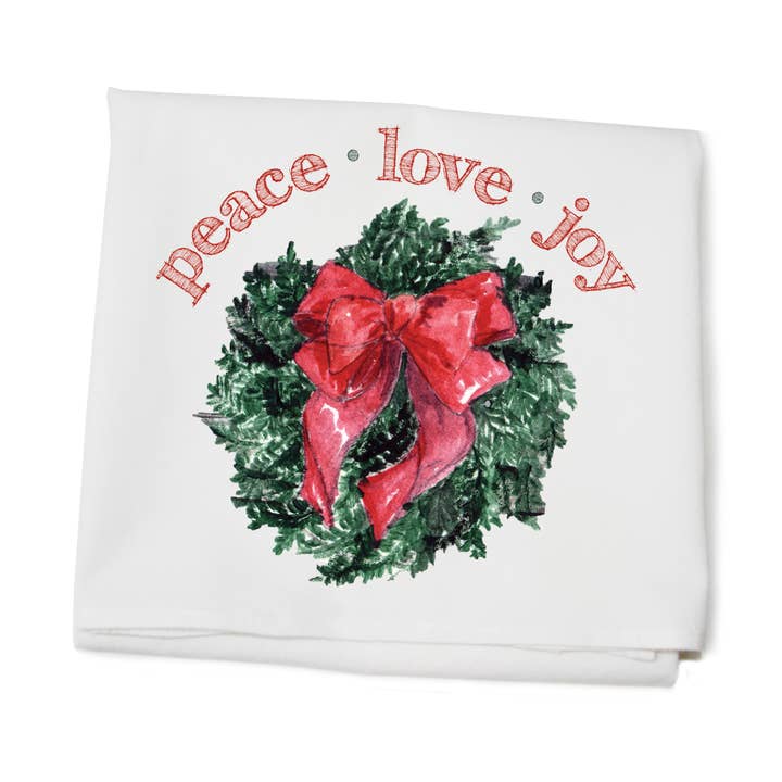 wreath with bow peace love joy bold text flour sack towel for wholesale by Tina Labadini Designs