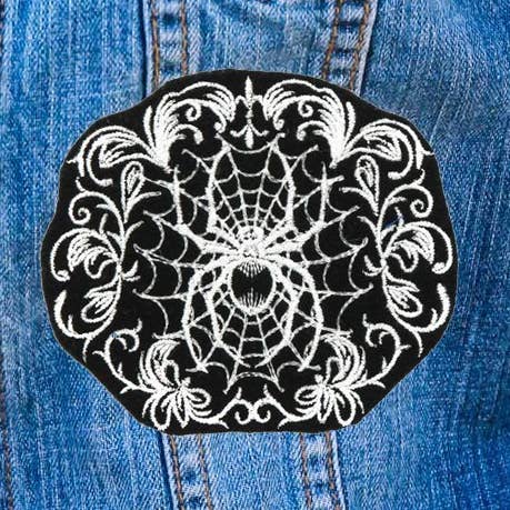 Spiderweb Filigree Gothic Black and White Iron On Patch for wholesale by Project Pinup