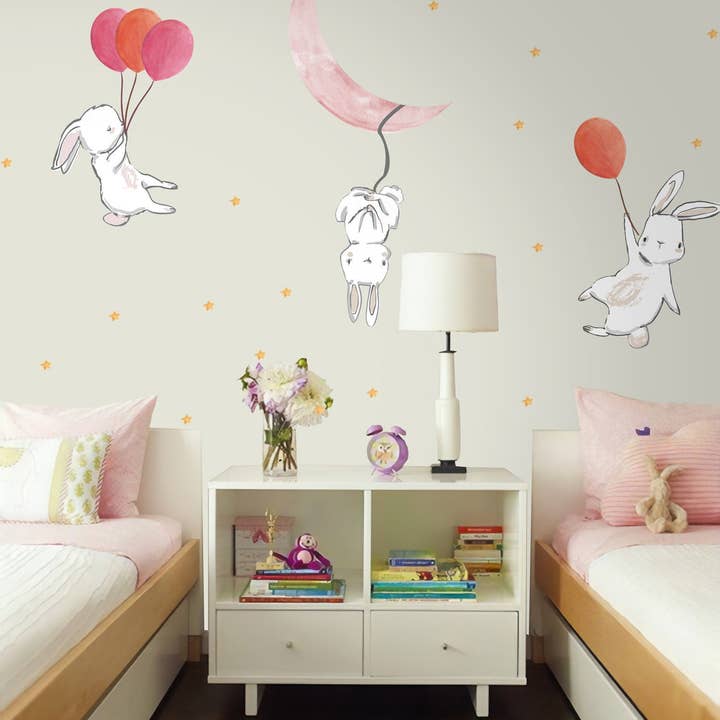 GK Home Decor – Engroshandel Vindues- og vægklistermærke – Sød tegneserie Bunny, Månen og Stjerner Vægklistermærke3