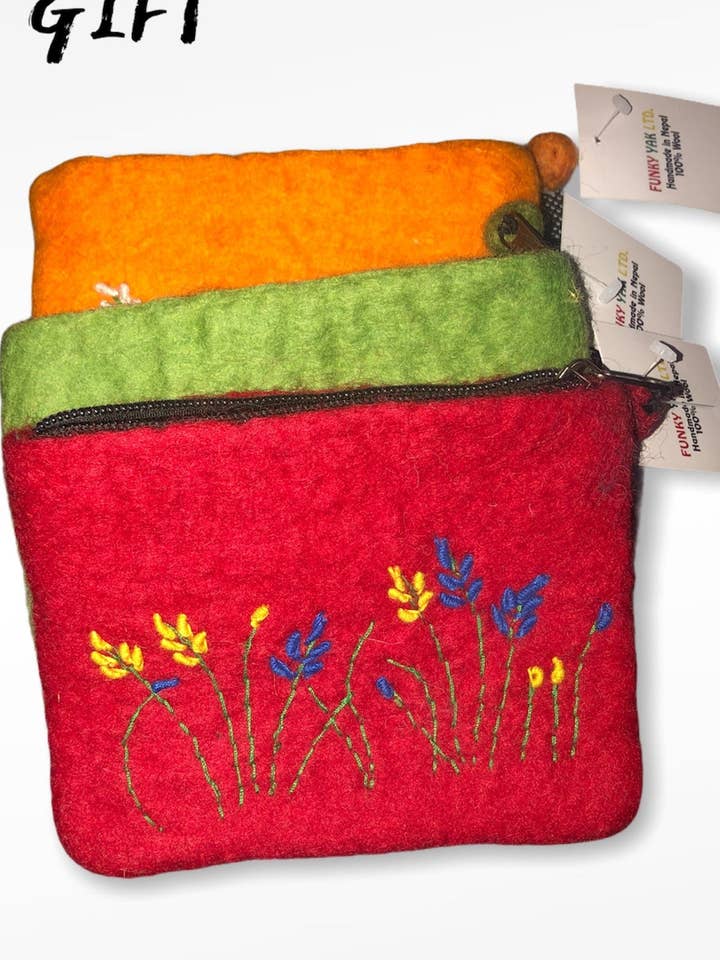 Handmade Felt Flower Embroidered Purse for wholesale by Funky Yak Ltd