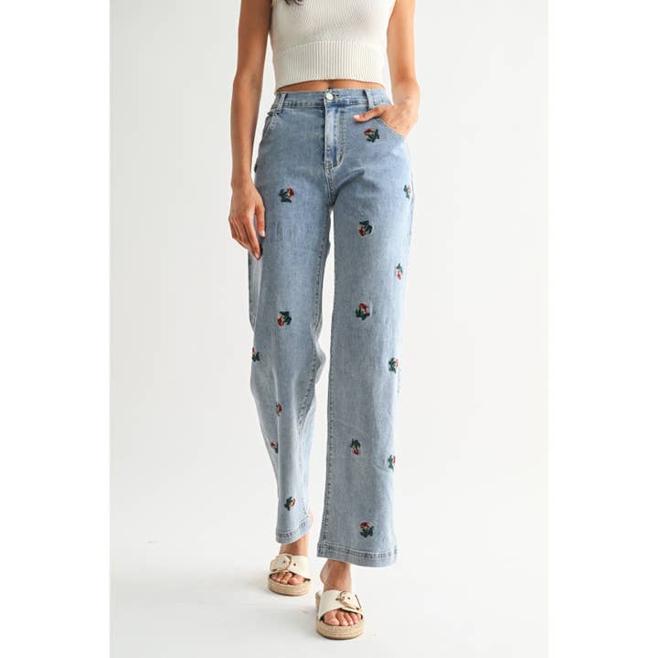 MEDIUM WASH EXQUISITE EMBROIDERED DENIM JEANS for wholesale on Faire