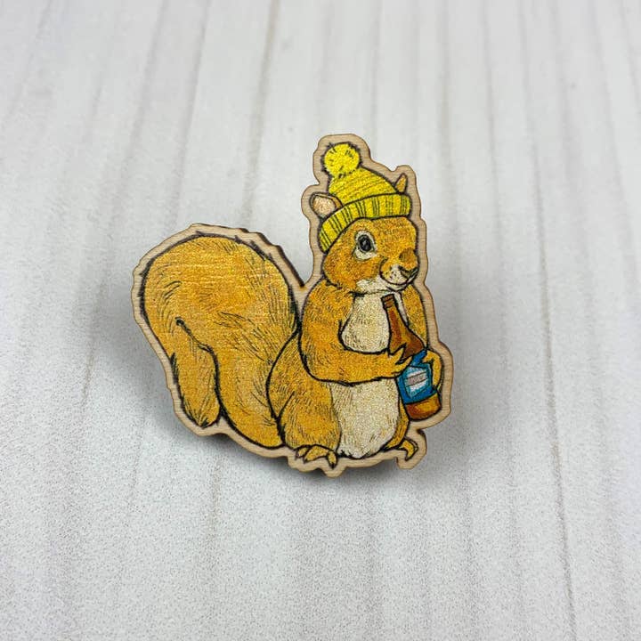 Sarah Draws Things - Wholesale Lapel Pin/Button - Beer Squirrel - 1.5" illustrated wooden pin1